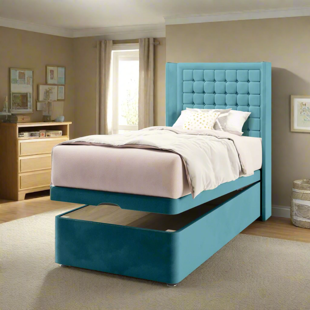 Small Cubic Border Fabric Straight Wing Headboard with Ottoman Storage Bed Base & Mattress