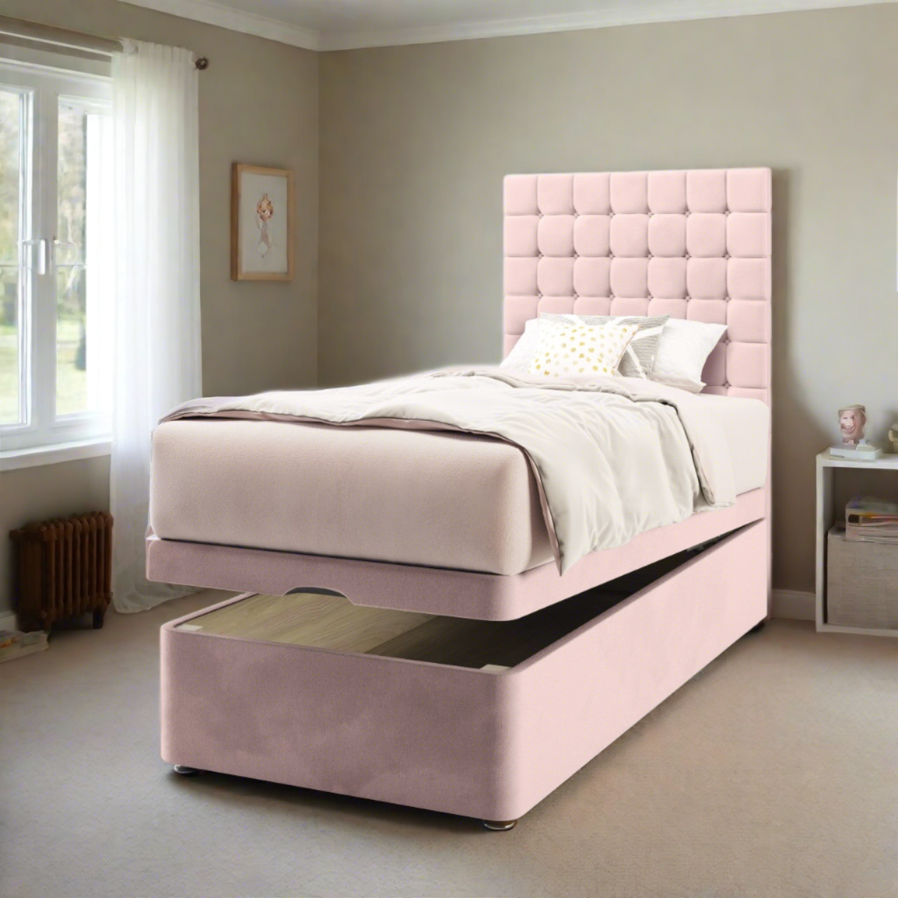 Small Cubic Fabric Tall Headboard with Ottoman Storage Bed Base & Mattress