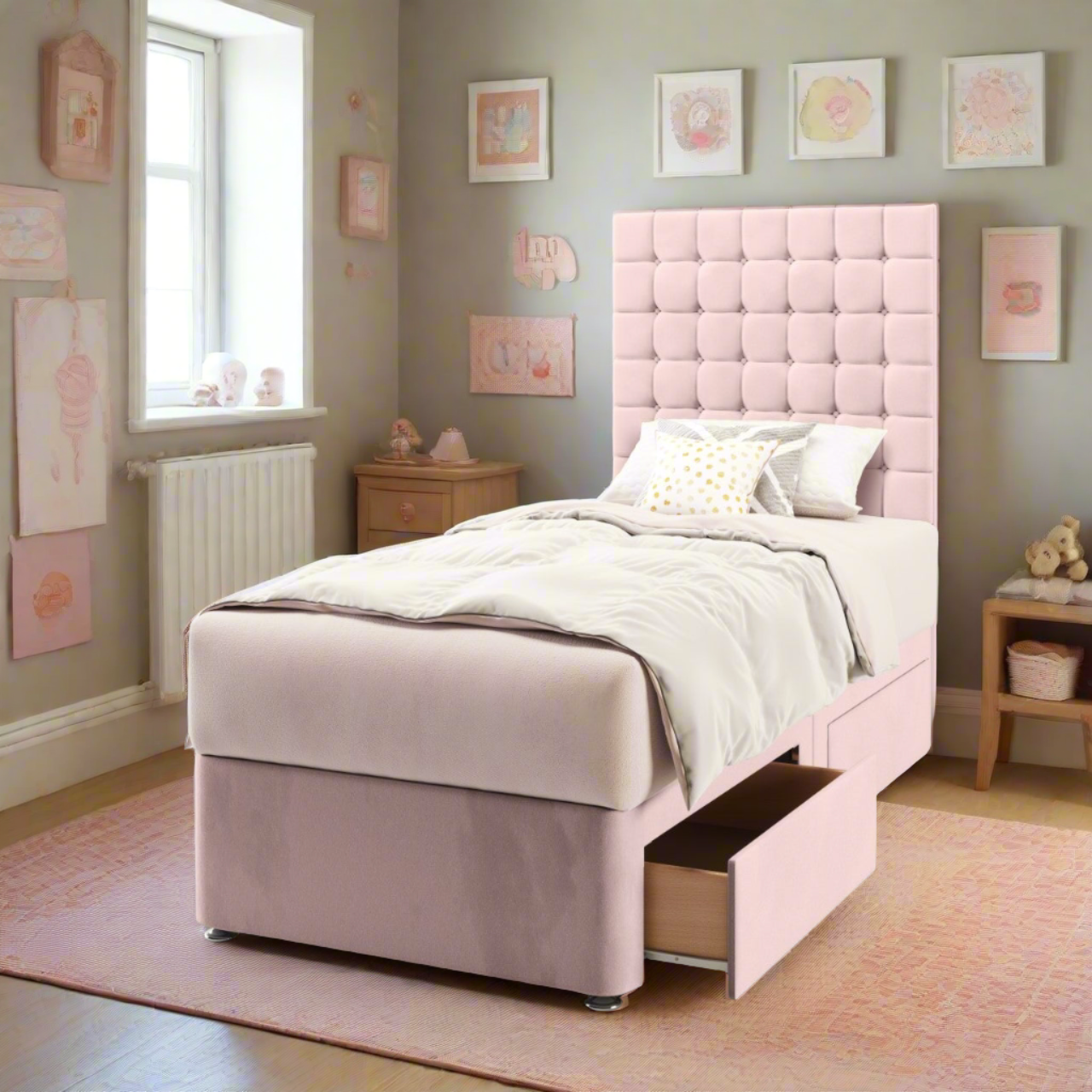 Small Cubic Fabric Tall Headboard with Divan Bed Base & Mattress