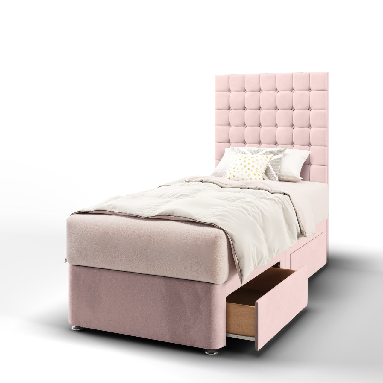 Small Cubic Fabric Tall Headboard with Divan Bed Base & Mattress