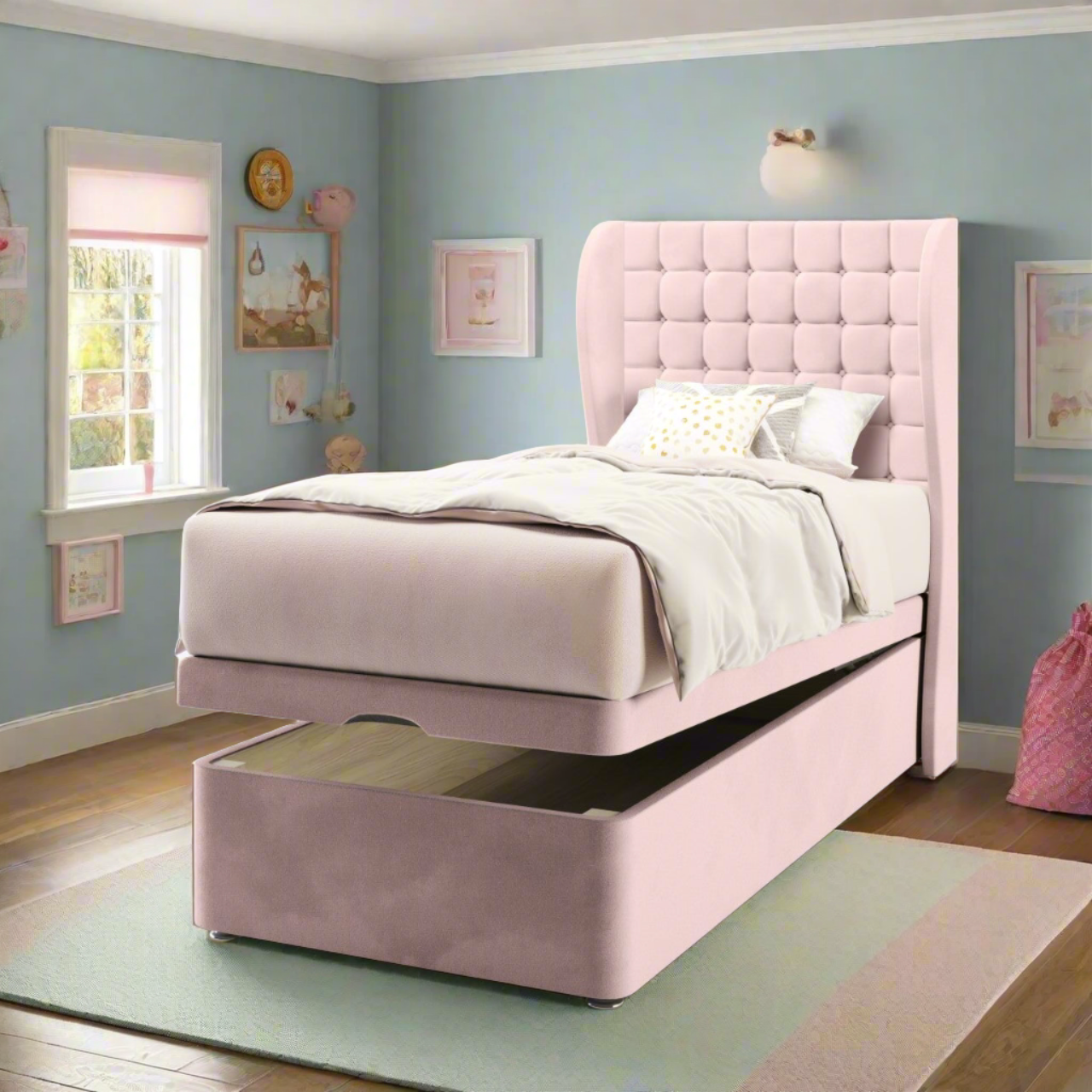 Small Cubic Fabric Middle Curve Wing Headboard with Ottoman Storage Bed Base & Mattress