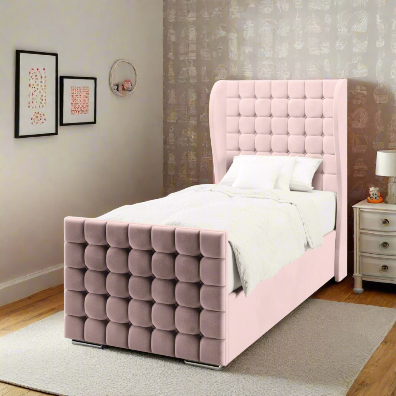 Small Cubic Fabric Middle Curve Wing Headboard with Ottoman Storage Side Lift Bed & Footend