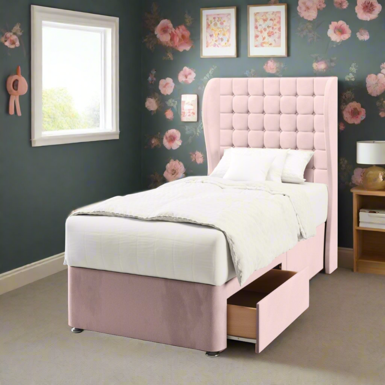 Small Cubic Fabric Middle Curve Wing Headboard with Divan Bed Base & Mattress