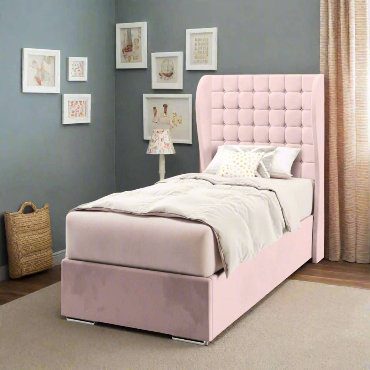 Small Cubic Fabric Middle Curve Wing Headboard with Frame Bed Base & Mattress