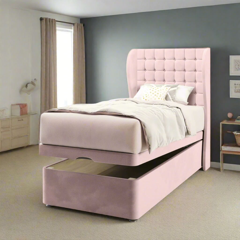 Small Cubic Fabric Middle Curve Wing Headboard with Ottoman Storage Bed Base & Mattress