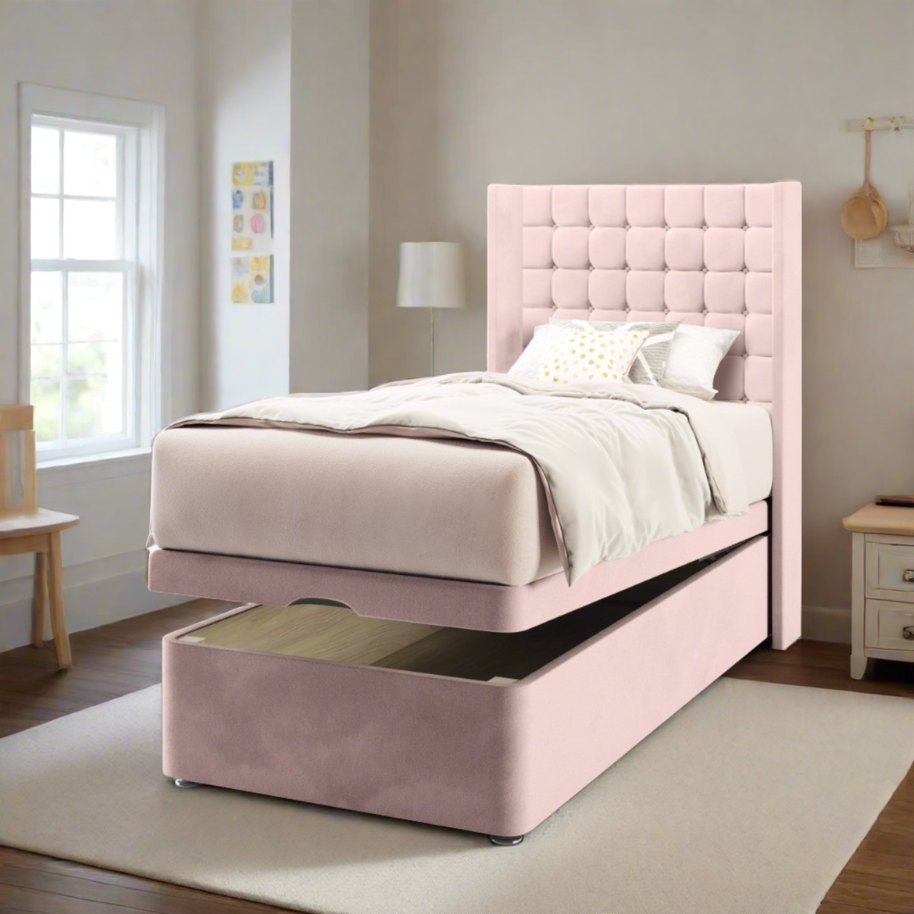 Small Cubic Fabric Straight Wing Headboard with Ottoman Storage Bed Base & Mattress