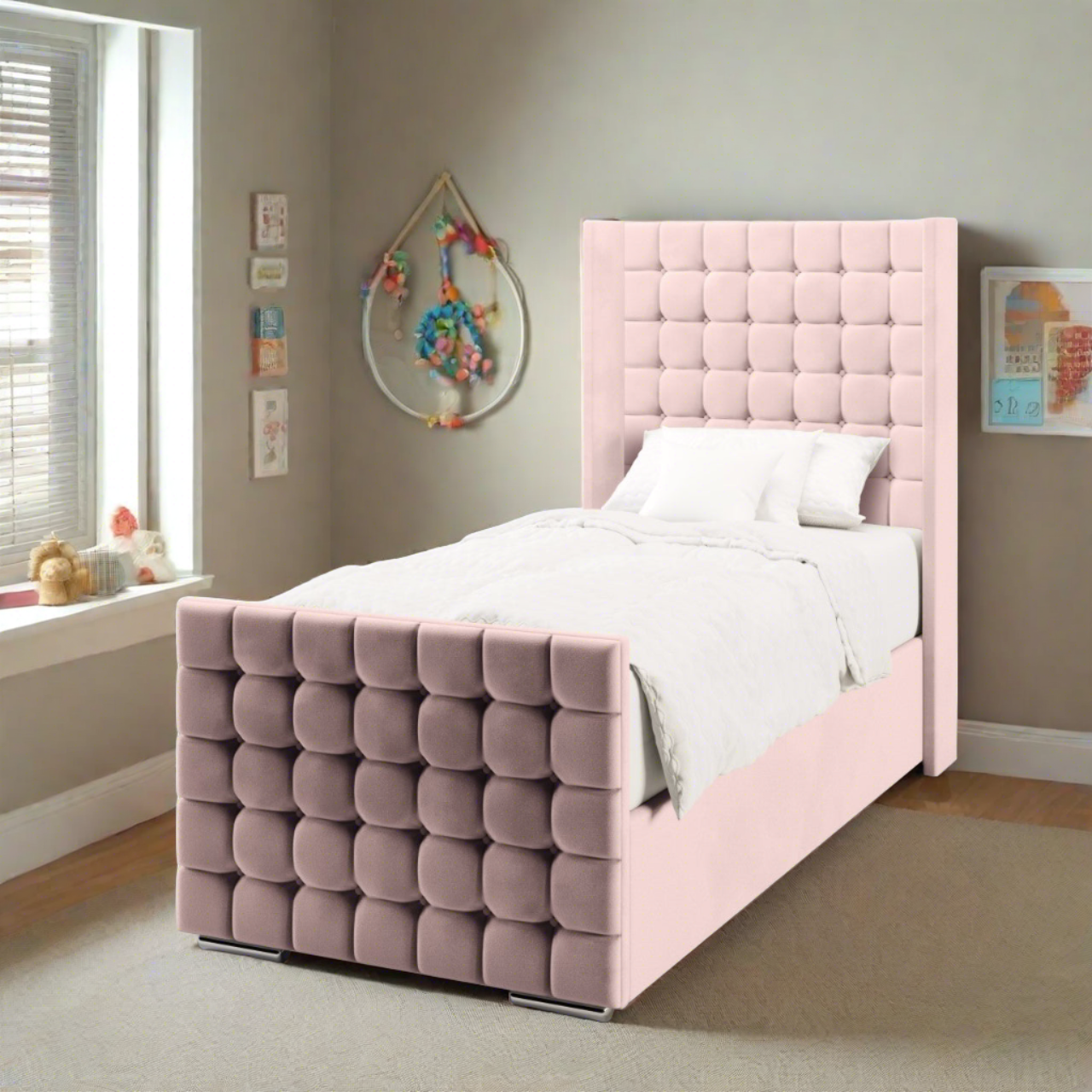 Small Cubic Fabric Straight Wing Headboard with Ottoman Storage Side Lift Bed & Footend