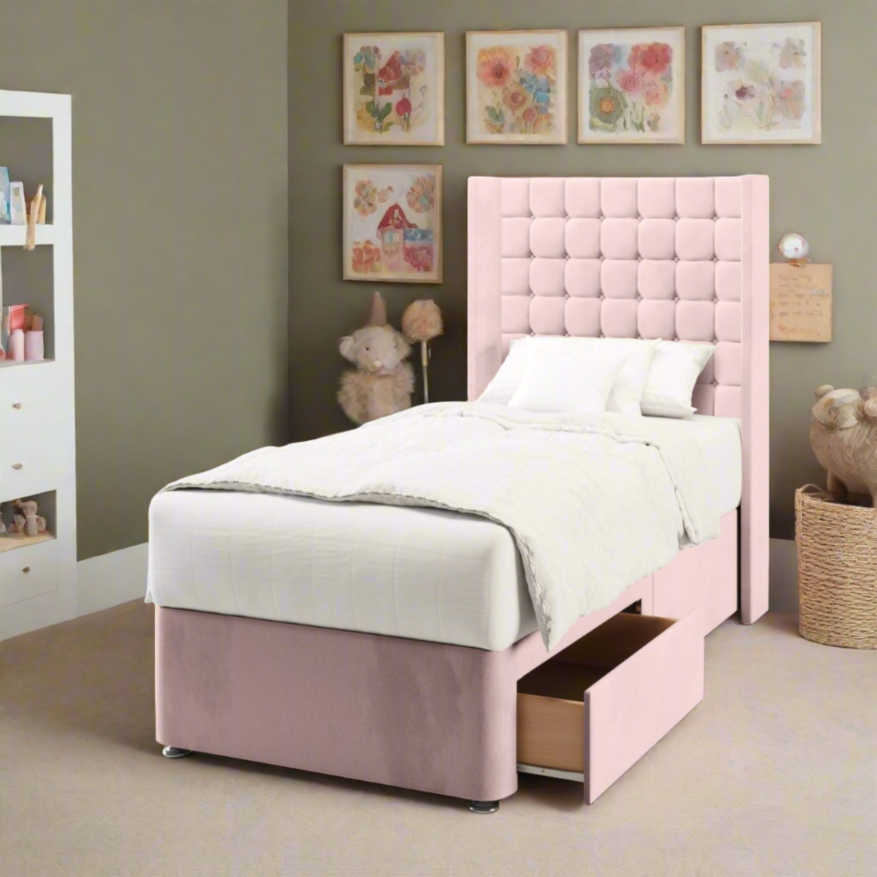 Small Cubic Fabric Straight Wing Headboard with Divan Bed Base & Mattress