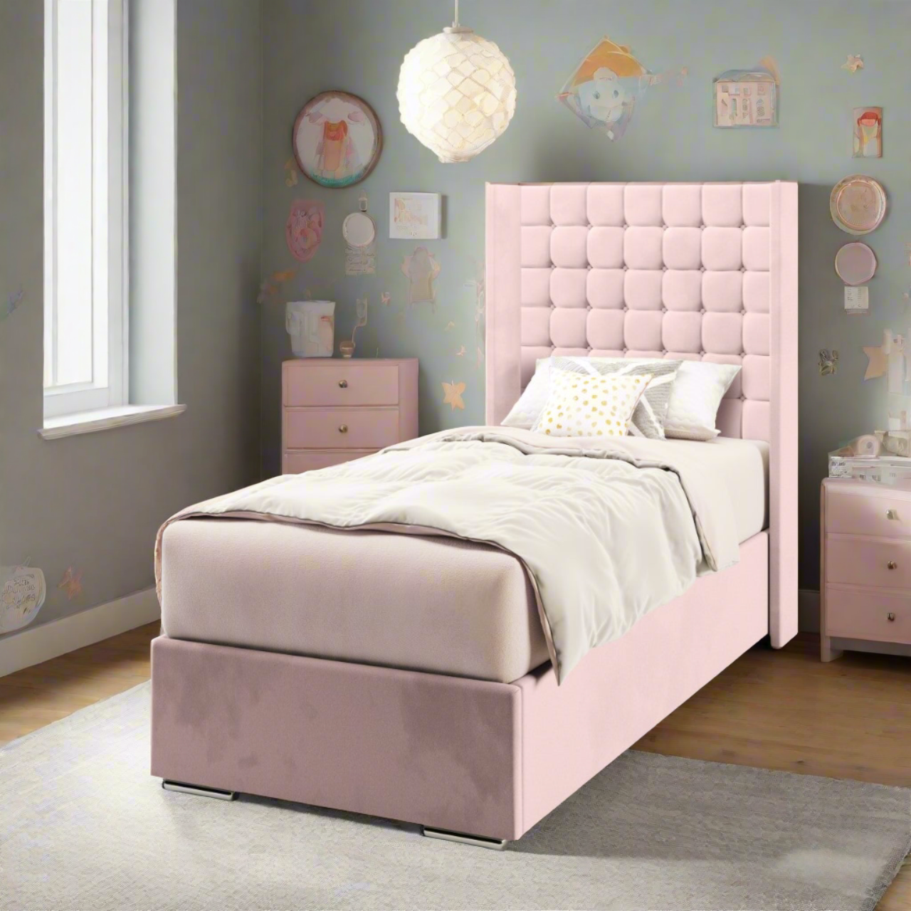 Small Cubic Fabric Straight Wing Headboard with Frame Bed Base & Mattress