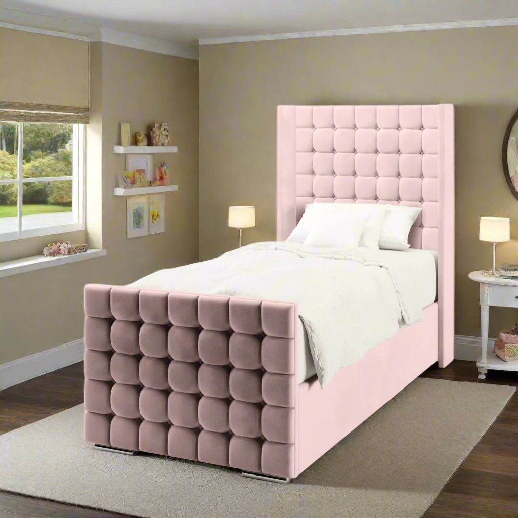 Small Cubic Fabric Straight Wing Headboard with Ottoman Storage Side Lift Bed & Footend