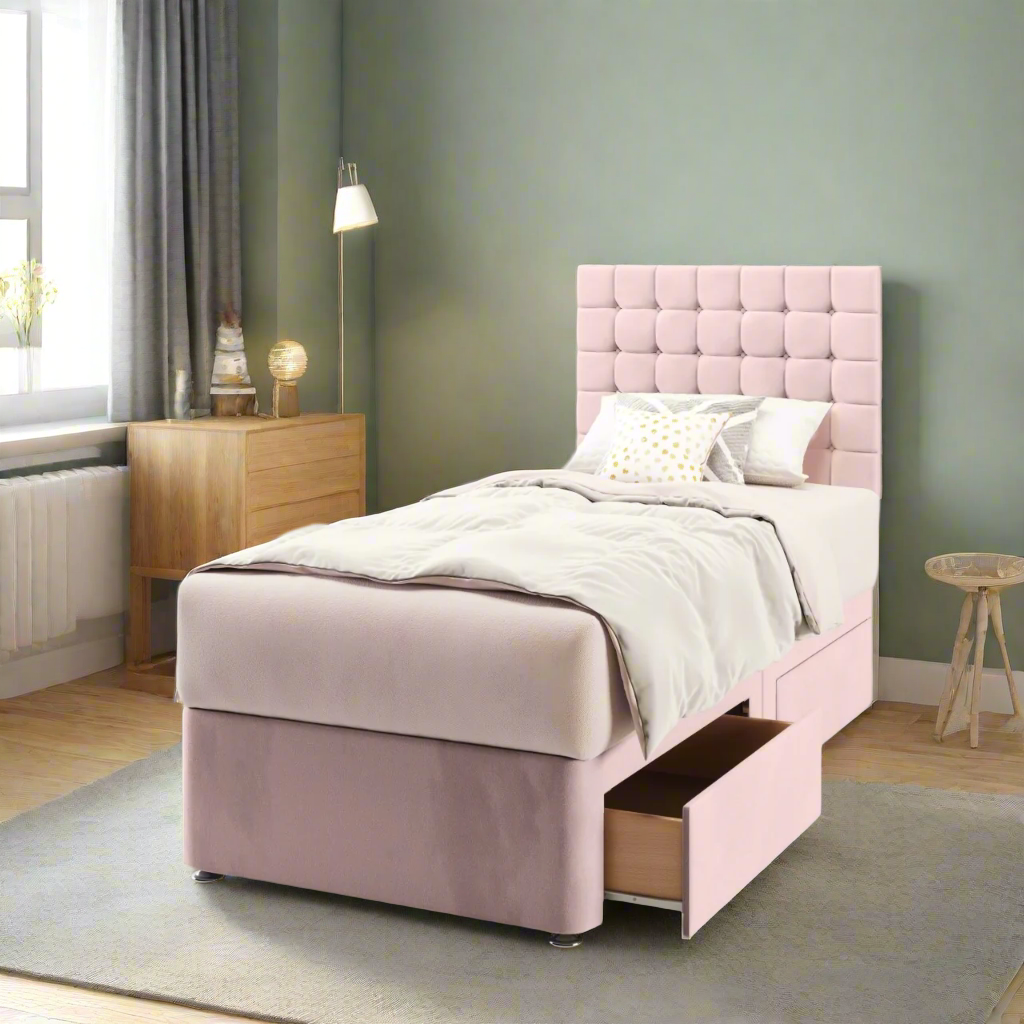 Small Cubic Fabric Low Headboard with Divan Bed Base & Mattress