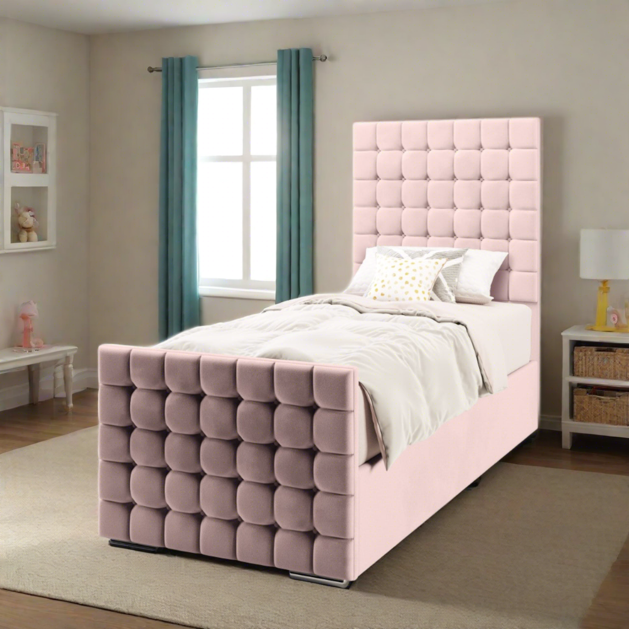 Small Cubic Fabric Tall Headboard with Ottoman Storage Side Lift Bed & Footend