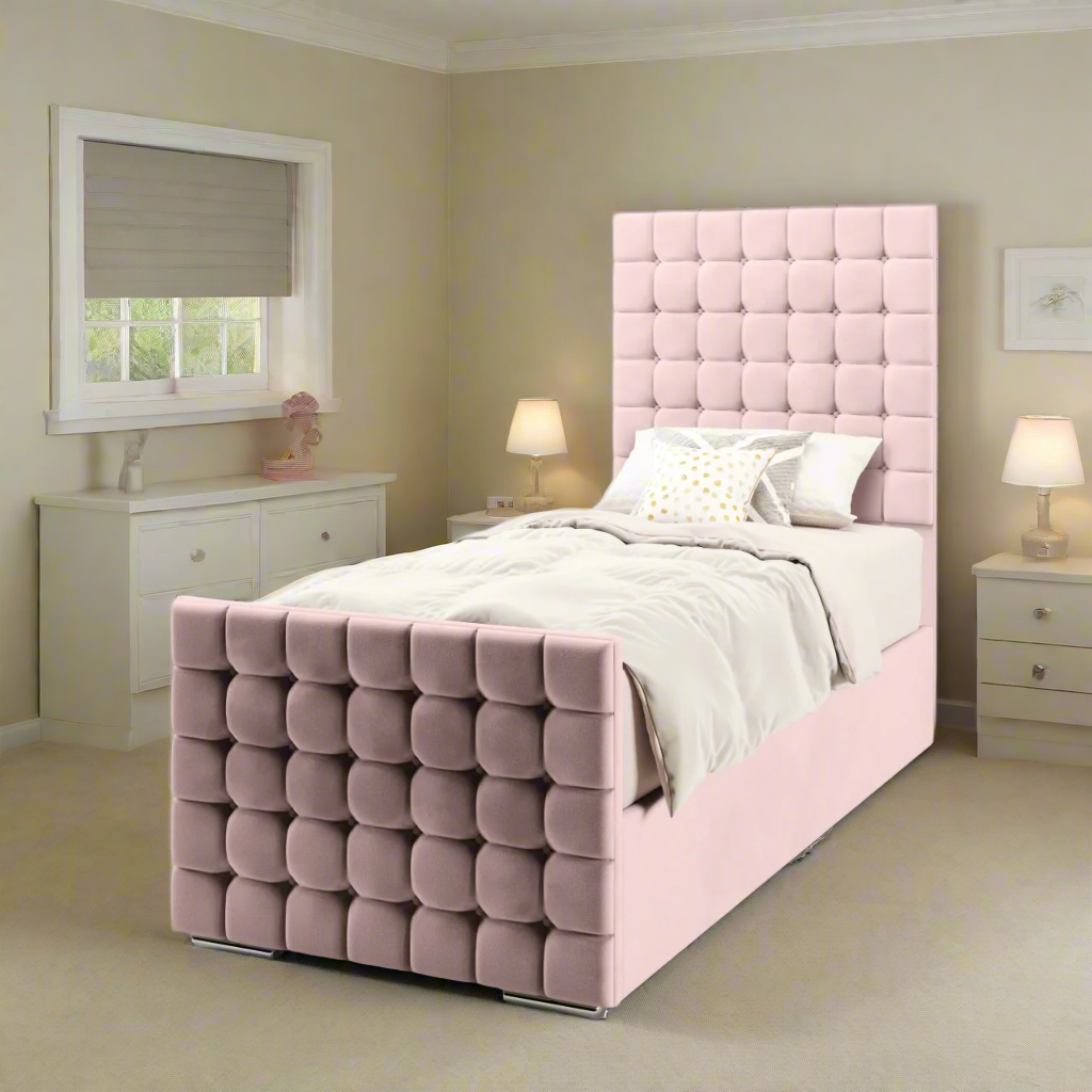 Small Cubic Fabric Tall Headboard with Ottoman Storage Side Lift Bed & Footend