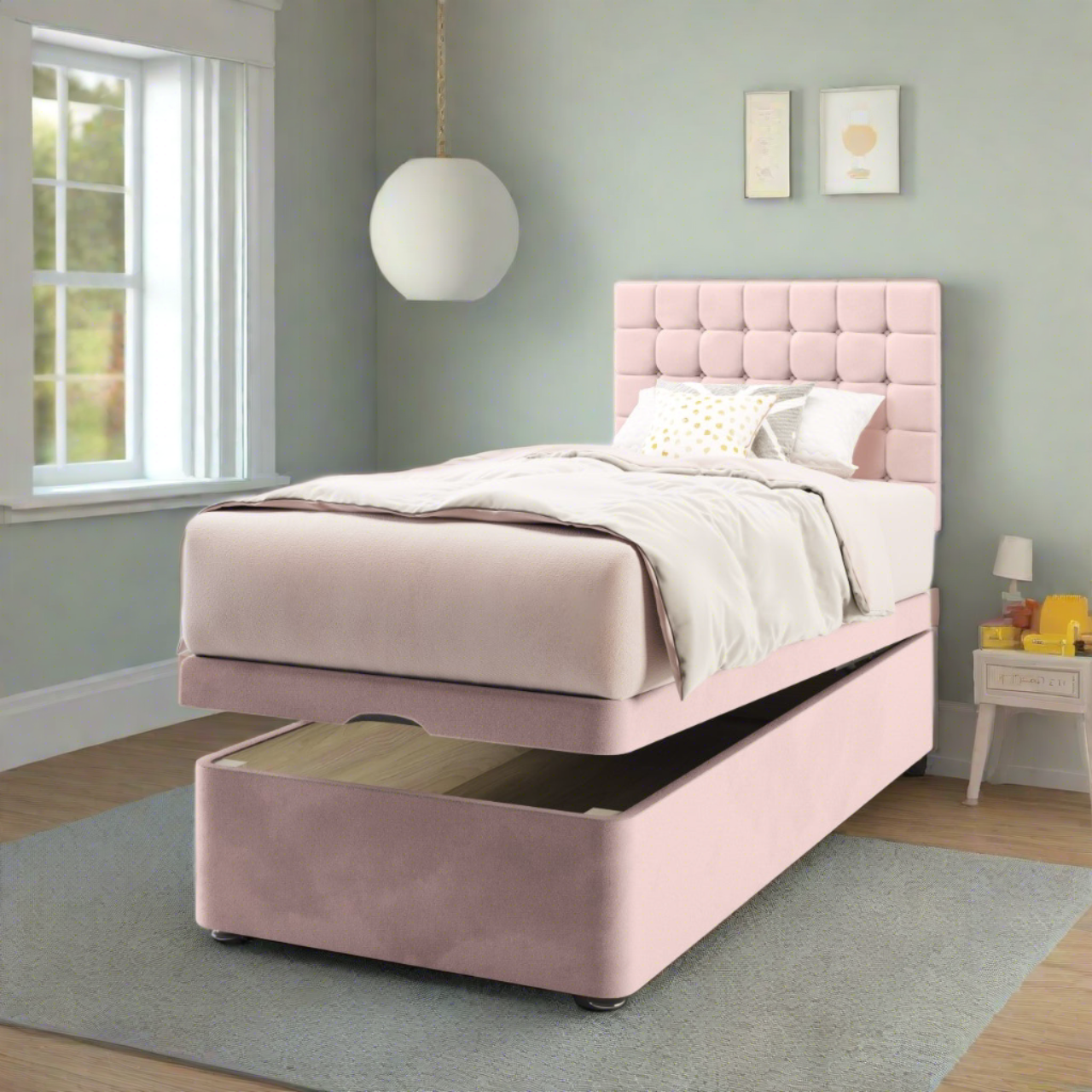 Small Cubic Fabric Low Headboard with Ottoman Storage Bed Base & Mattress