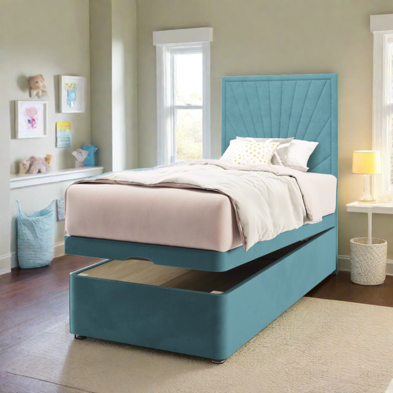 Sunrise Fabric Tall Headboard with Ottoman Storage Bed Base & Mattress