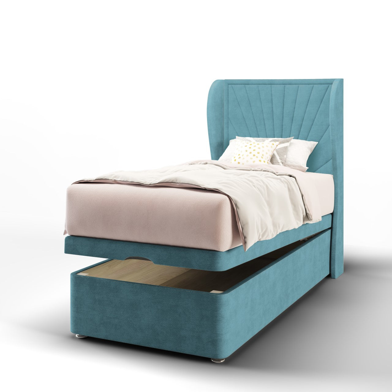 Sunrise Fabric Middle Curve Wing Headboard with Ottoman Storage Bed Base & Mattress