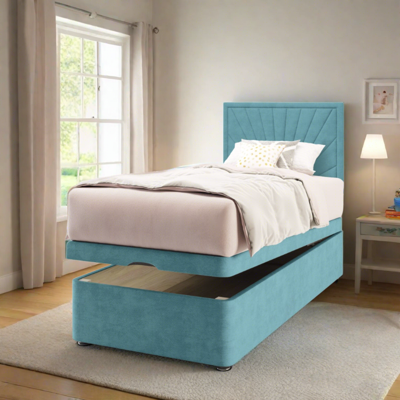 Sunrise Fabric Low Headboard with Ottoman Storage Bed Base & Mattress