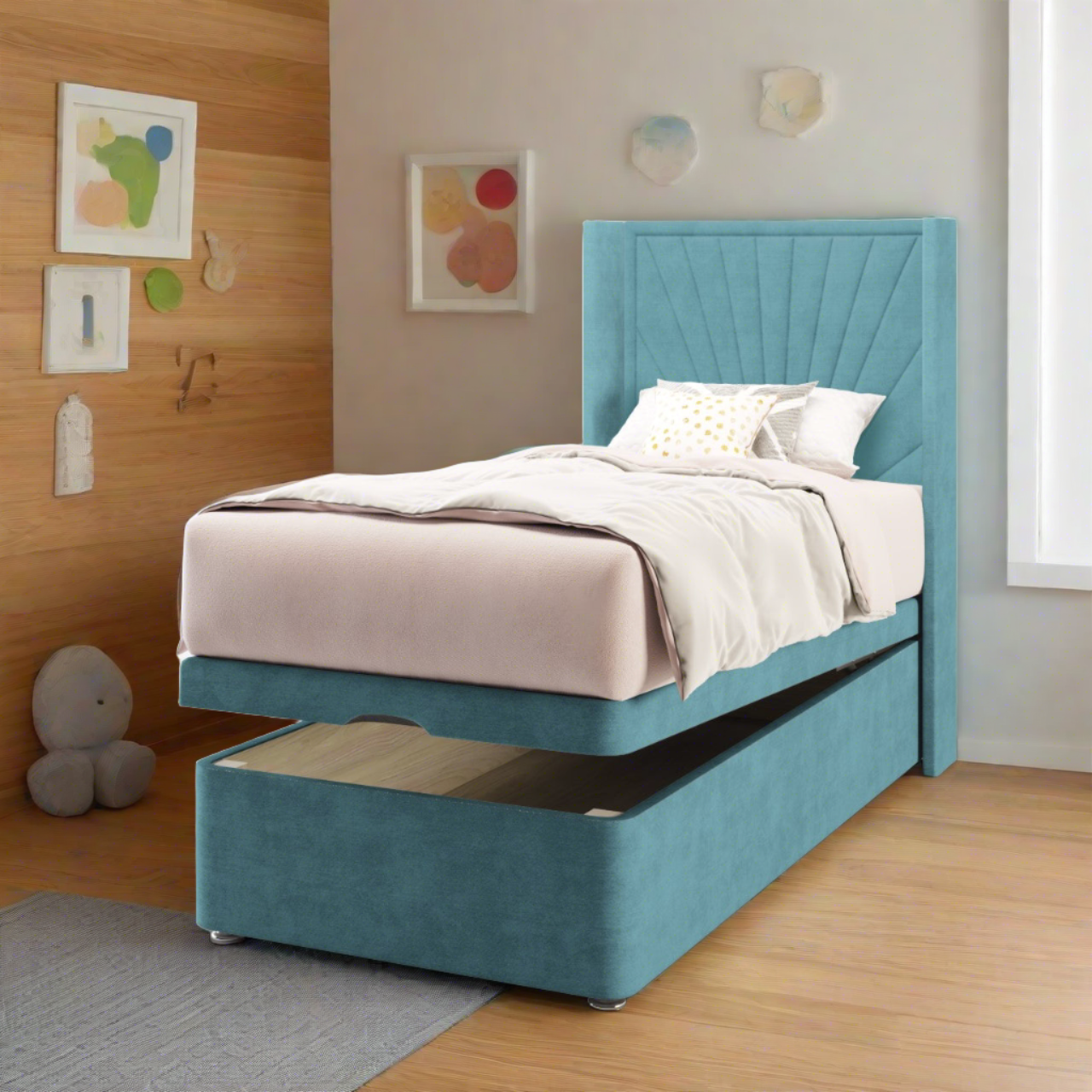 Sunrise Fabric Straight Wing Headboard with Ottoman Storage Bed Base & Mattress