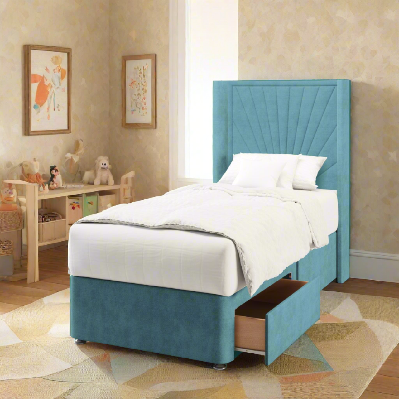 Sunrise Fabric Straight Wing Headboard with Divan Bed Base & Mattress