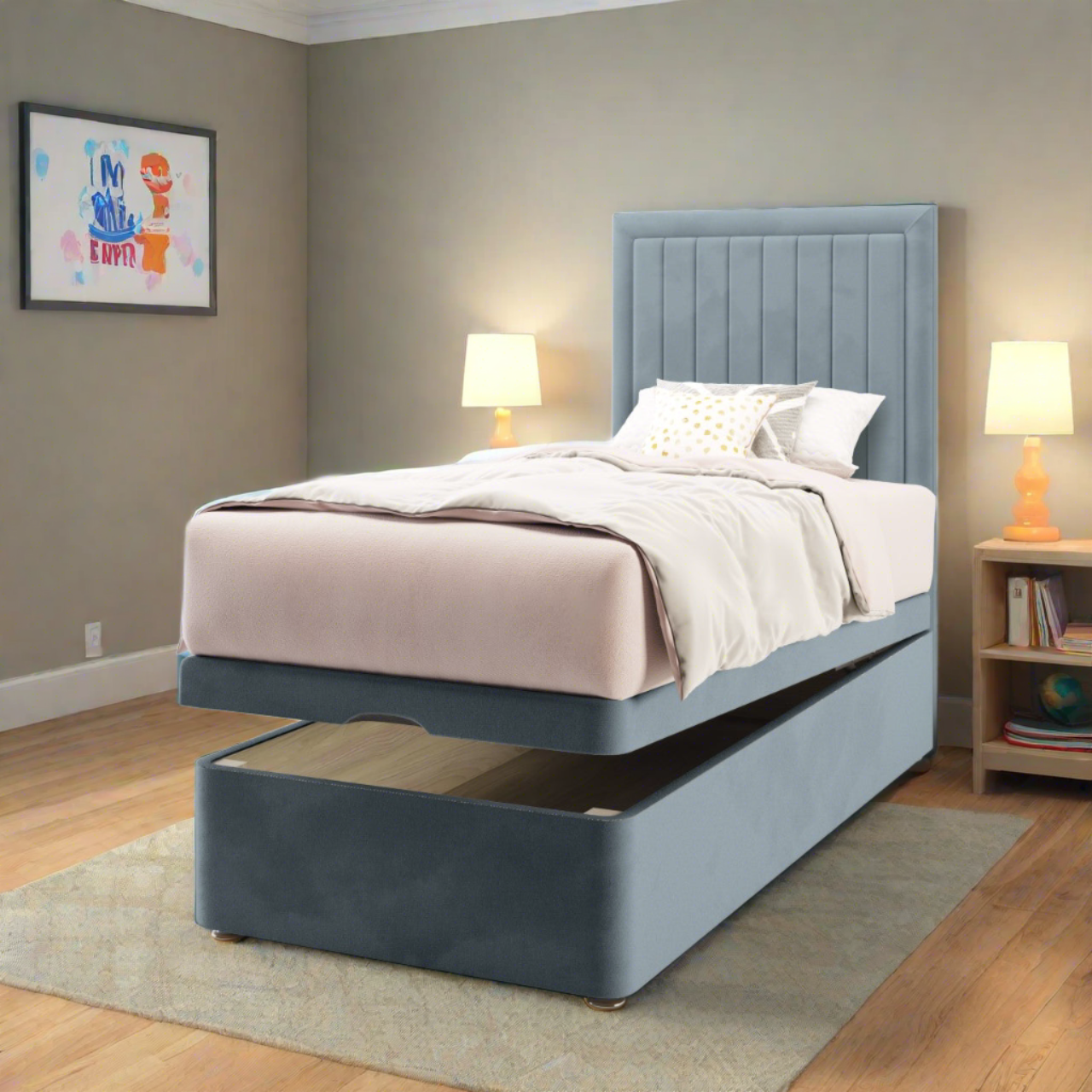 Vertical Panels Border Fabric Tall Headboard with Ottoman Storage Bed Base & Mattress