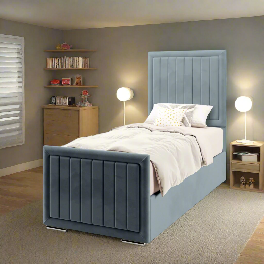 Vertical Panels Border Fabric Tall Headboard with Ottoman Storage Side Lift Bed & Footend