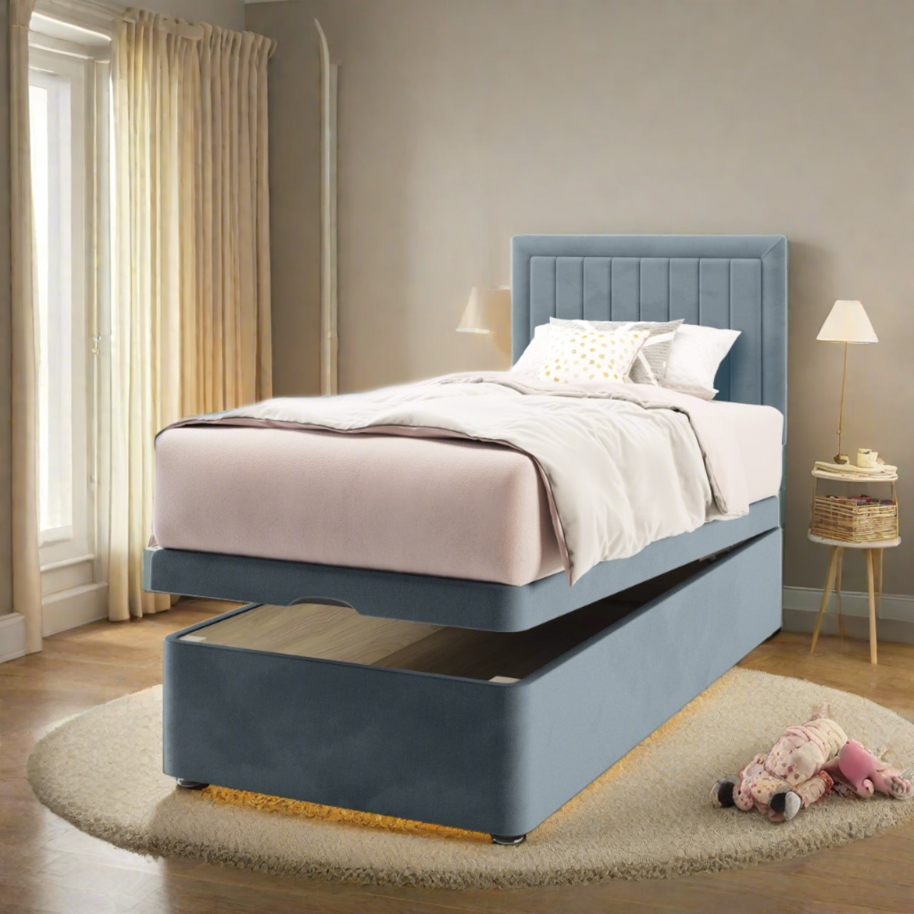 Vertical Panels Border Fabric Low Headboard with Ottoman Storage Bed Base & Mattress