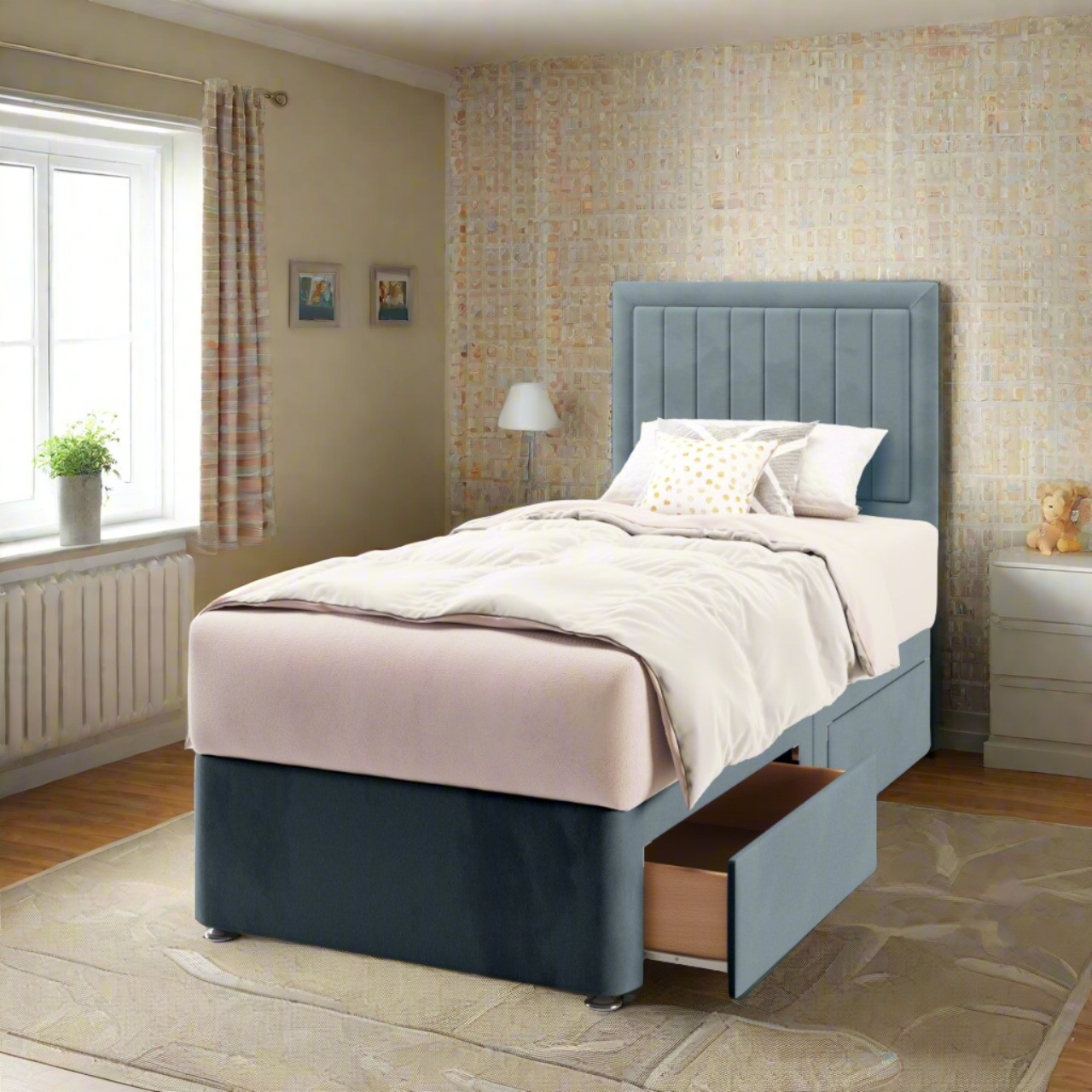 Vertical Panels Border Fabric Low Headboard with Divan Bed Base & Mattress