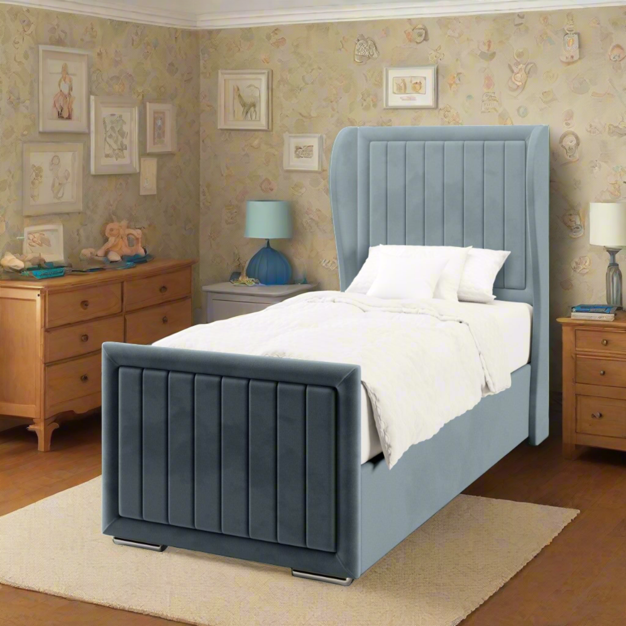 Vertical Panels Border Fabric Middle Curve Wing Headboard with Ottoman Storage Side Lift Bed & Footend