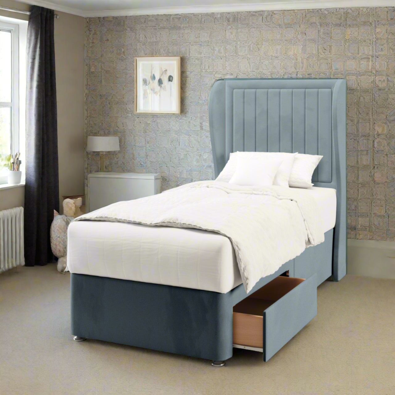 Vertical Panels Border Fabric Middle Curve Wing Headboard with Divan Bed Base & Mattress