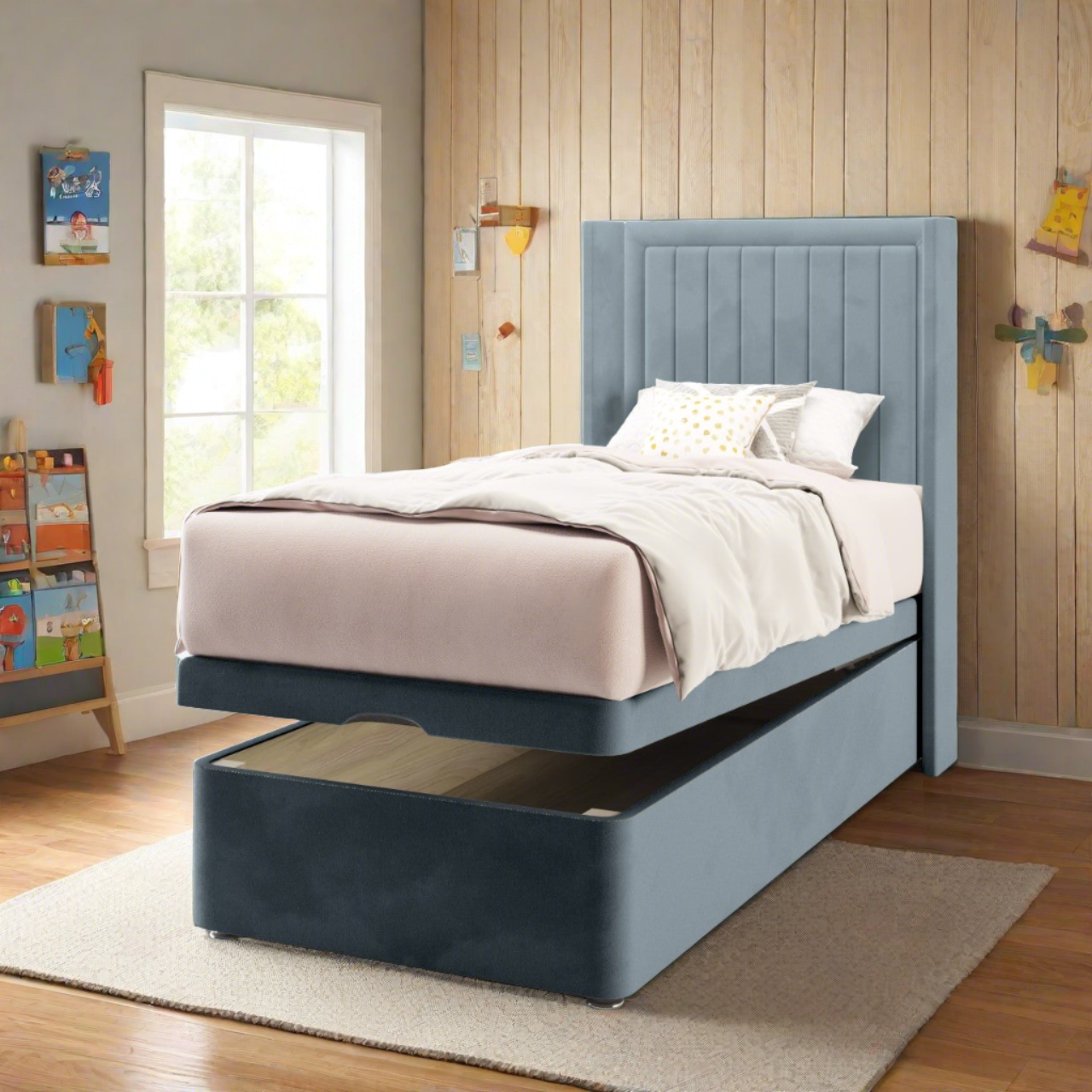 Vertical Panels Border Fabric Straight Wing Headboard with Ottoman Storage Bed Base & Mattress