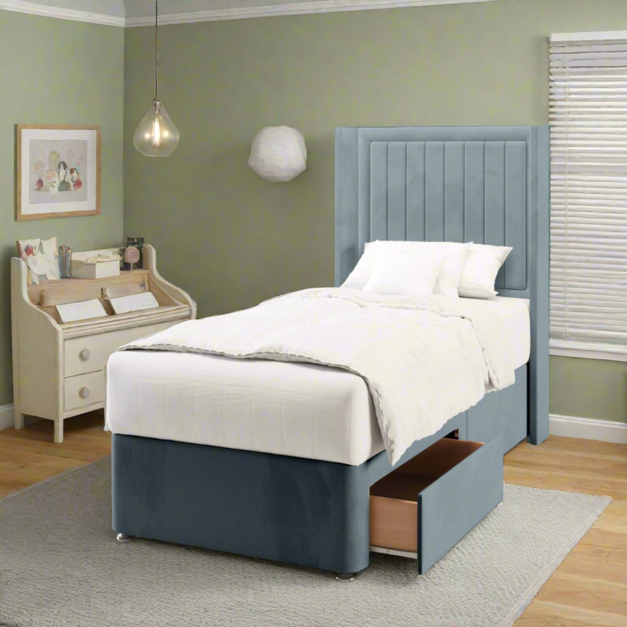 Vertical Panels Border Fabric Straight Wing Headboard with Divan Bed Base & Mattress