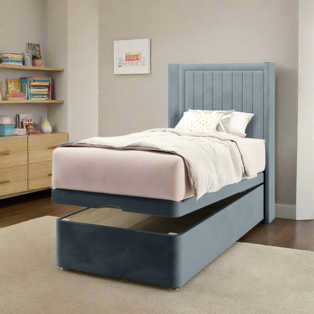 Vertical Panels Border Fabric Straight Wing Headboard with Ottoman Storage Bed Base & Mattress