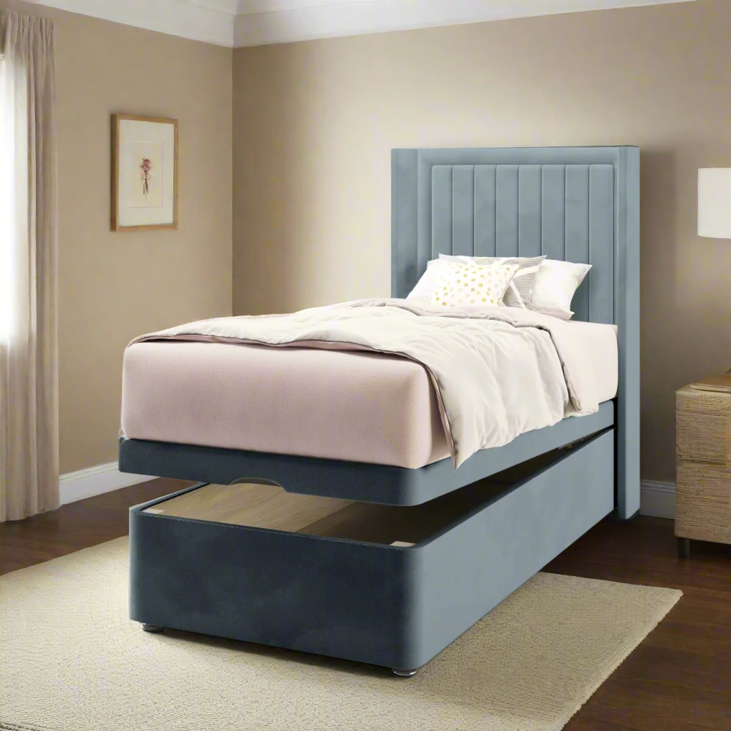 Vertical Panels Border Fabric Straight Wing Headboard with Ottoman Storage Bed Base & Mattress