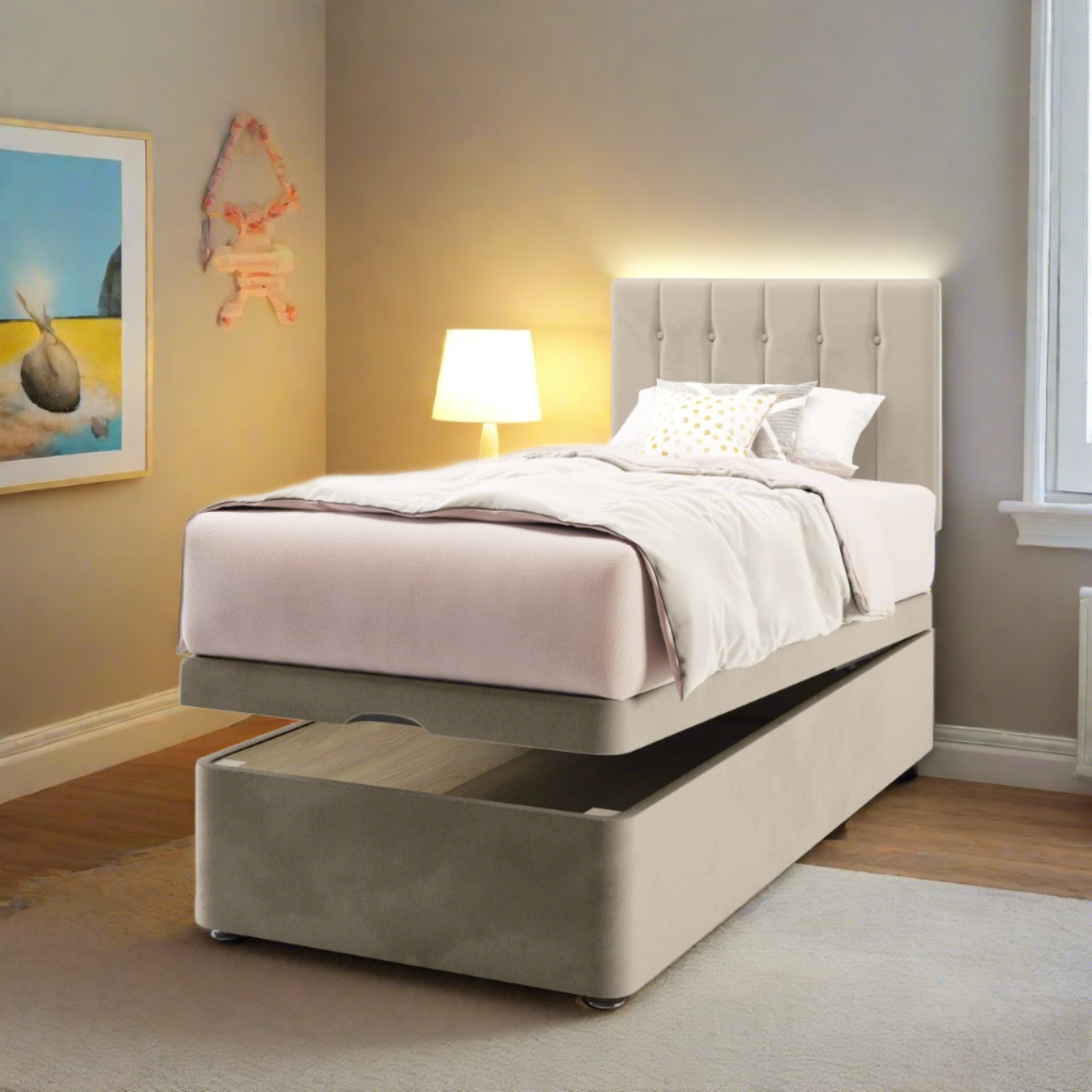 Vertical Panels Buttoned Fabric Low Headboard with Ottoman Storage Bed Base & Mattress