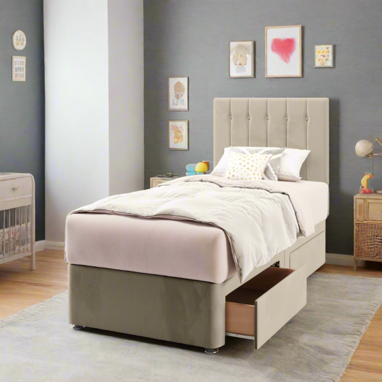 Vertical Panels Fabric Low Headboard with Divan Bed Base & Mattress