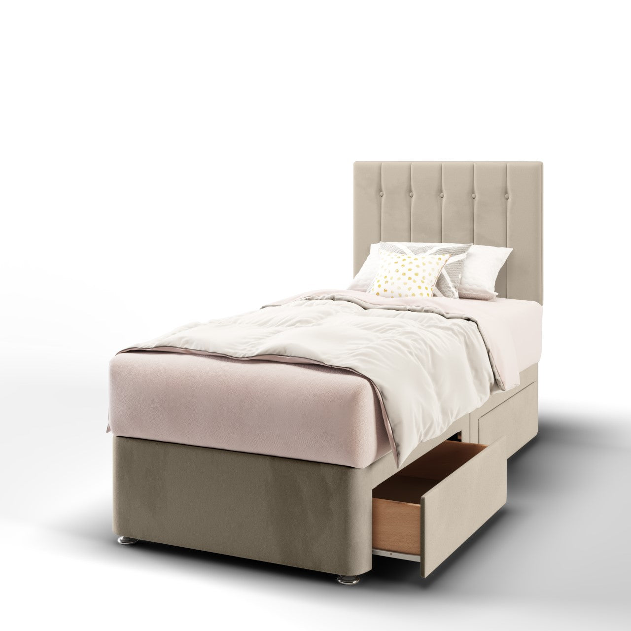 Vertical Panels Fabric Low Headboard with Divan Bed Base & Mattress