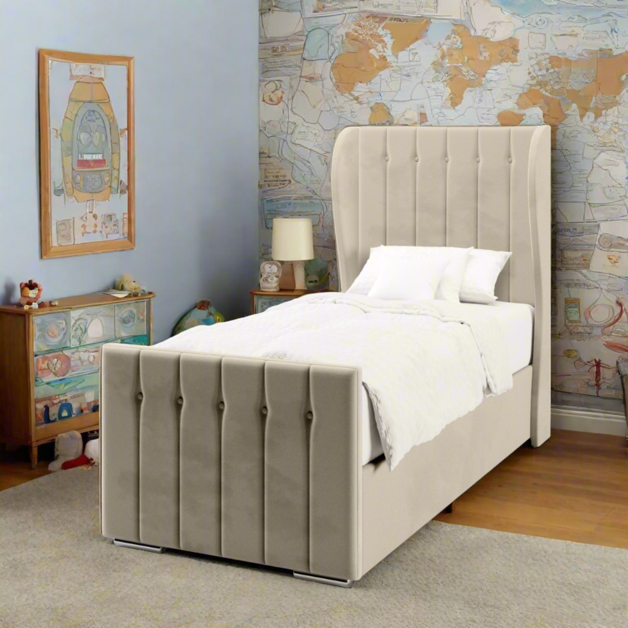 Vertical Panels Fabric Middle Curve Wing Headboard with Ottoman Storage Side Lift Bed & Footend