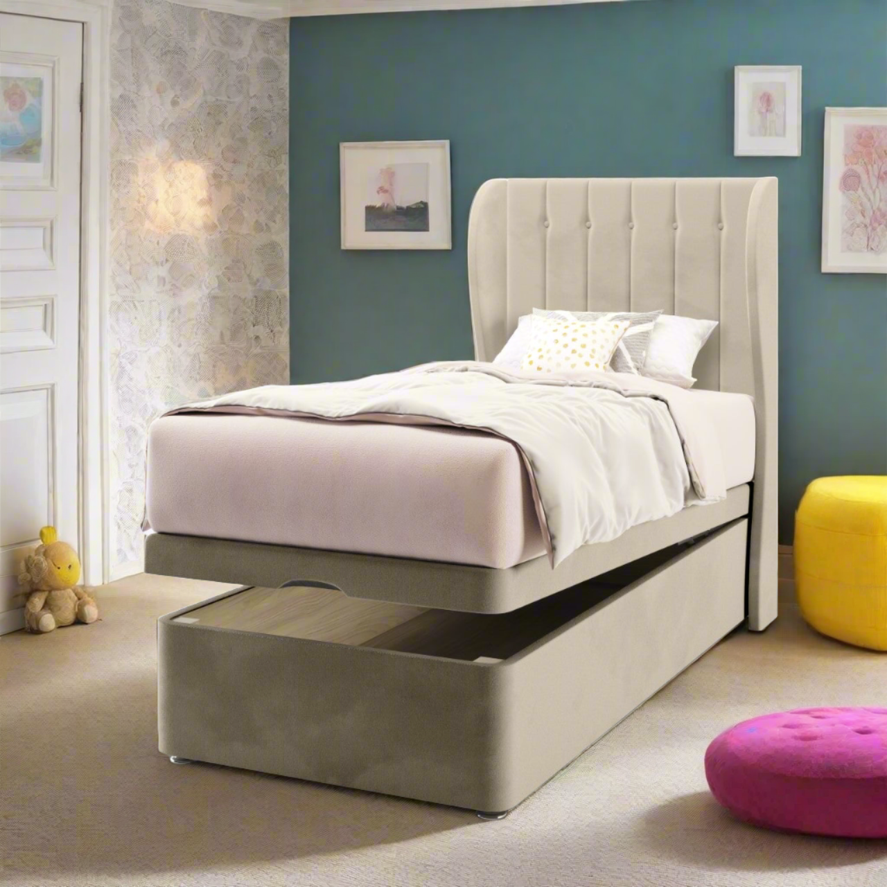 Vertical Panels Fabric Middle Curve Wing Headboard with Ottoman Storage Bed Base & Mattress