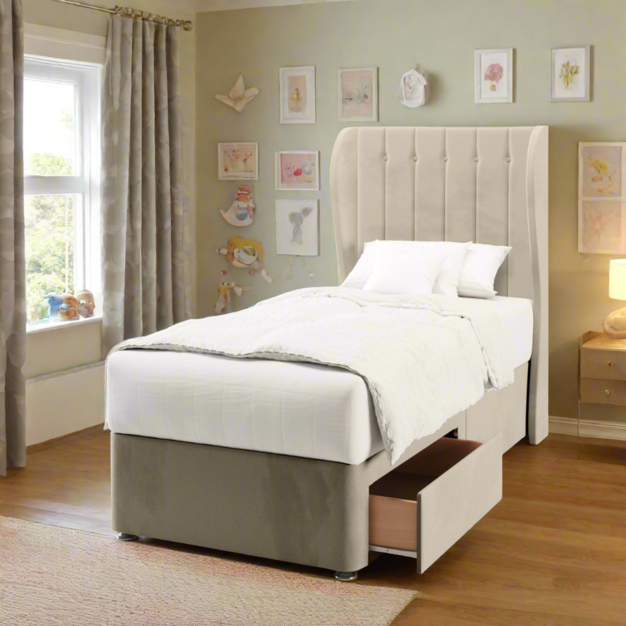 Vertical Panels Fabric Middle Curve Wing Headboard with Divan Bed Base & Mattress