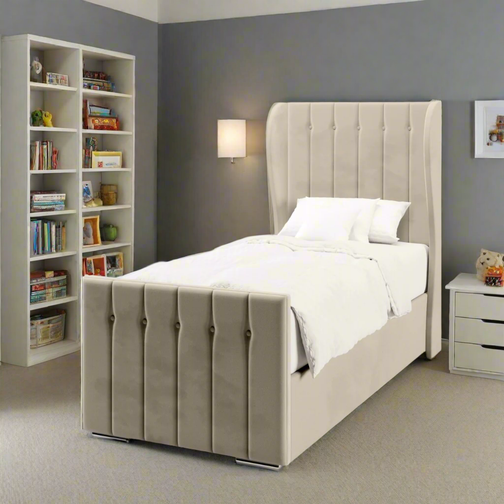 Vertical Panels Fabric Middle Curve Wing Headboard with Ottoman Storage Side Lift Bed & Footend