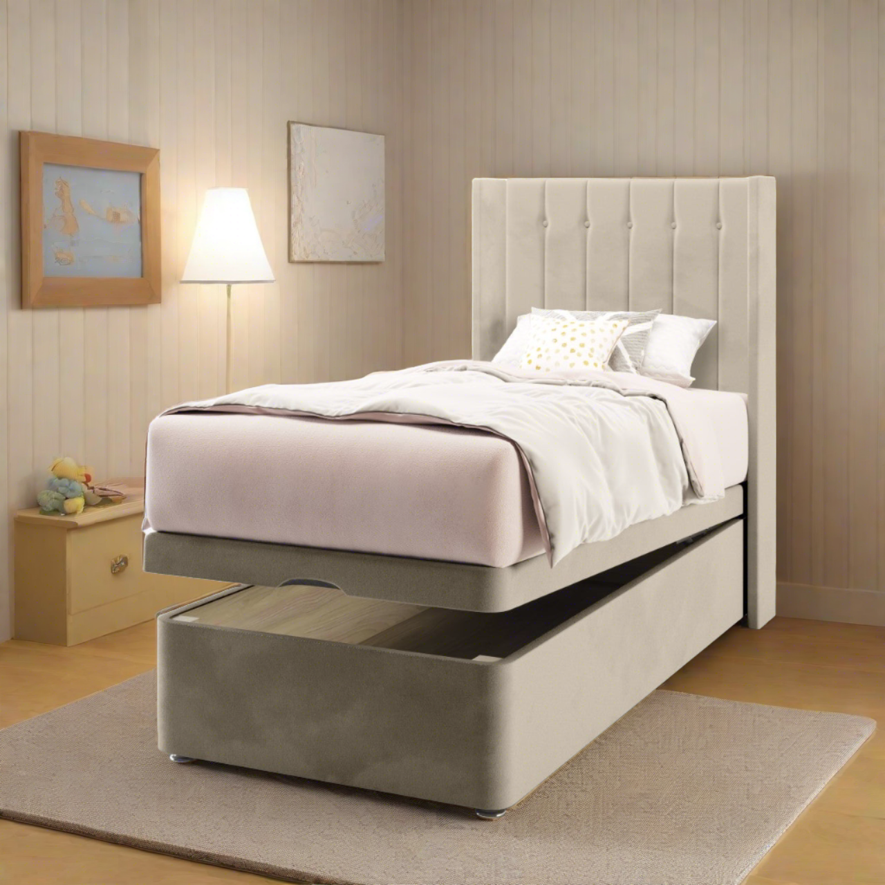 Vertical Panels Fabric Straight Wing Headboard with Ottoman Storage Bed Base & Mattress