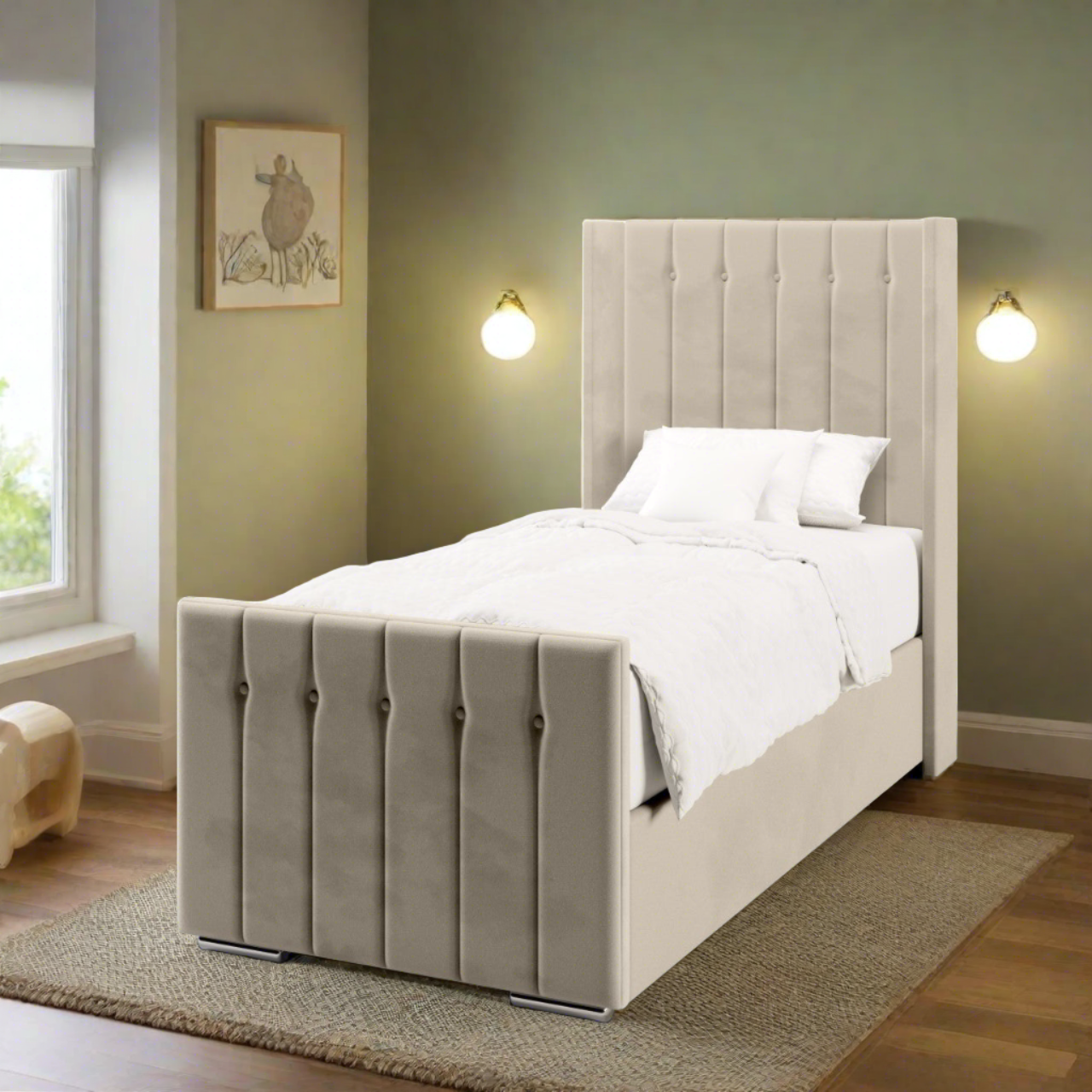 Vertical Panels Fabric Straight Wing Headboard with Ottoman Storage Side Lift Bed & Footend