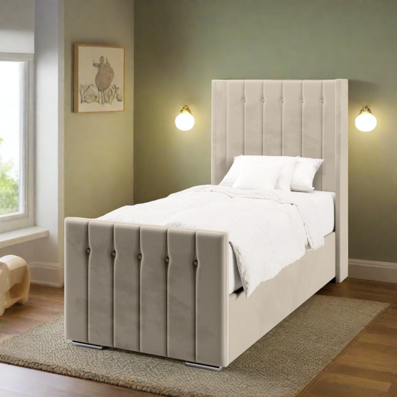 Vertical Panels Buttoned Ottoman Storage Side Lift Bed & Footend