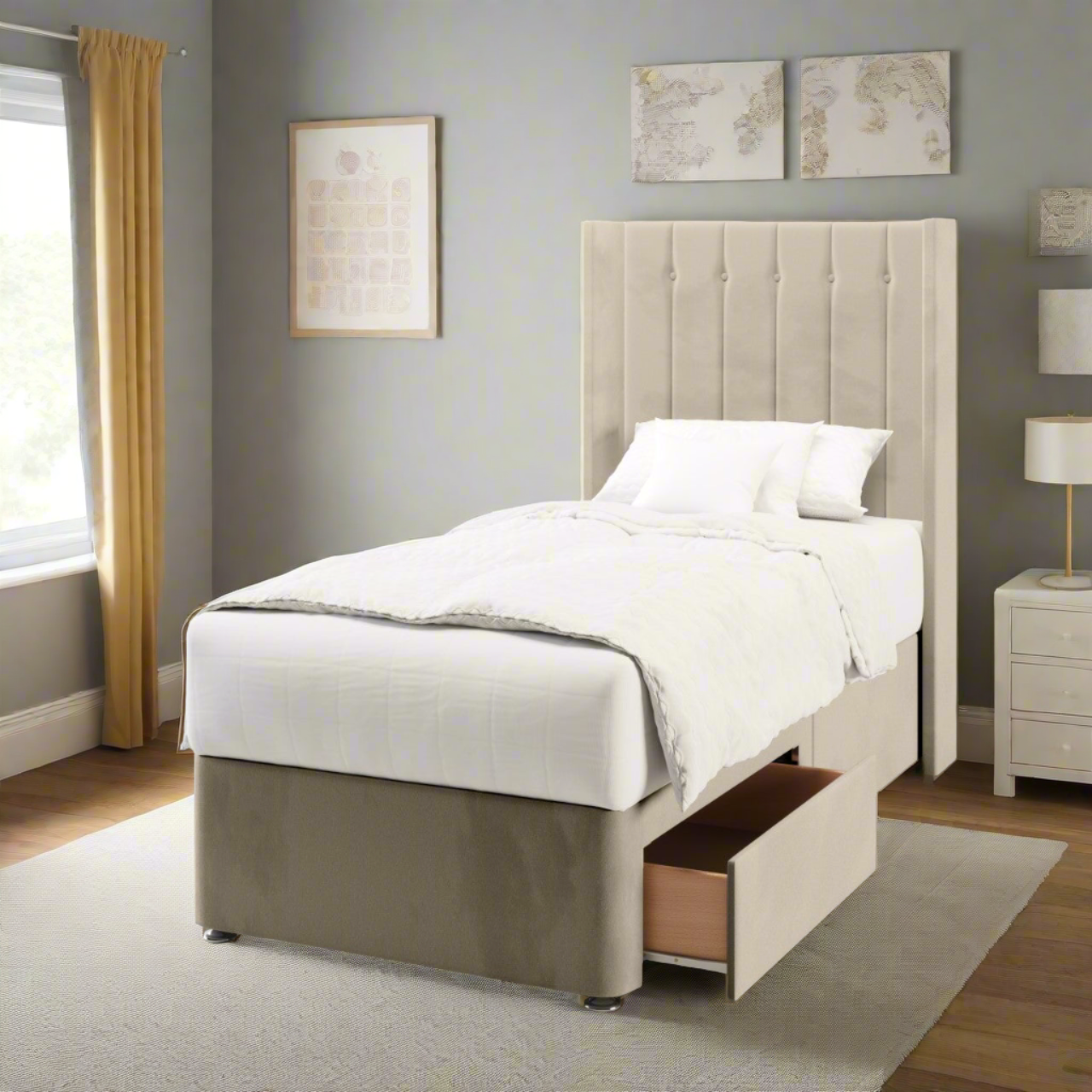 Vertical Panels Fabric Straight Wing Headboard with Divan Bed Base & Mattress