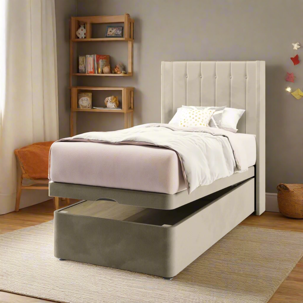 Vertical Panels Buttoned Headboard Ottoman Storage Bed