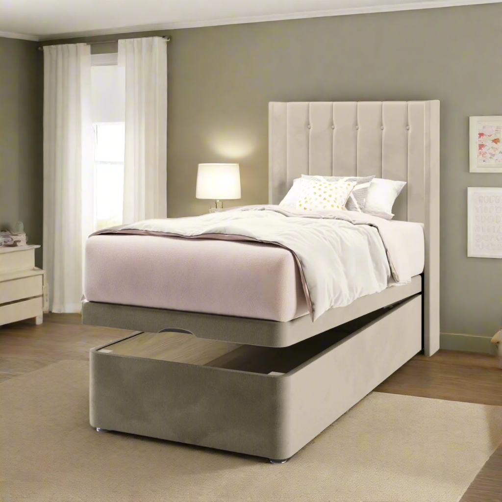 Vertical Panels Fabric Straight Wing Headboard with Ottoman Storage Bed Base & Mattress