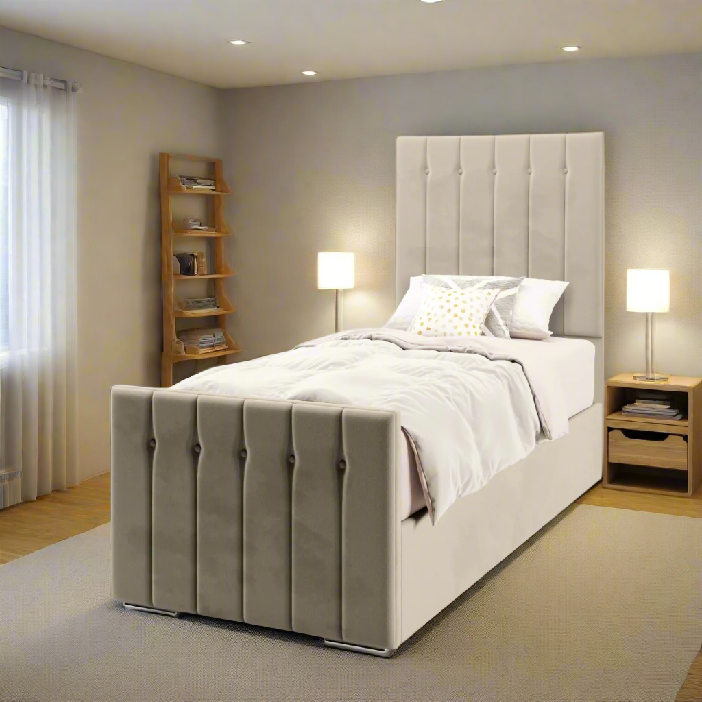 Vertical Panels Fabric Tall Headboard with Ottoman Storage Side Lift Bed & Footend