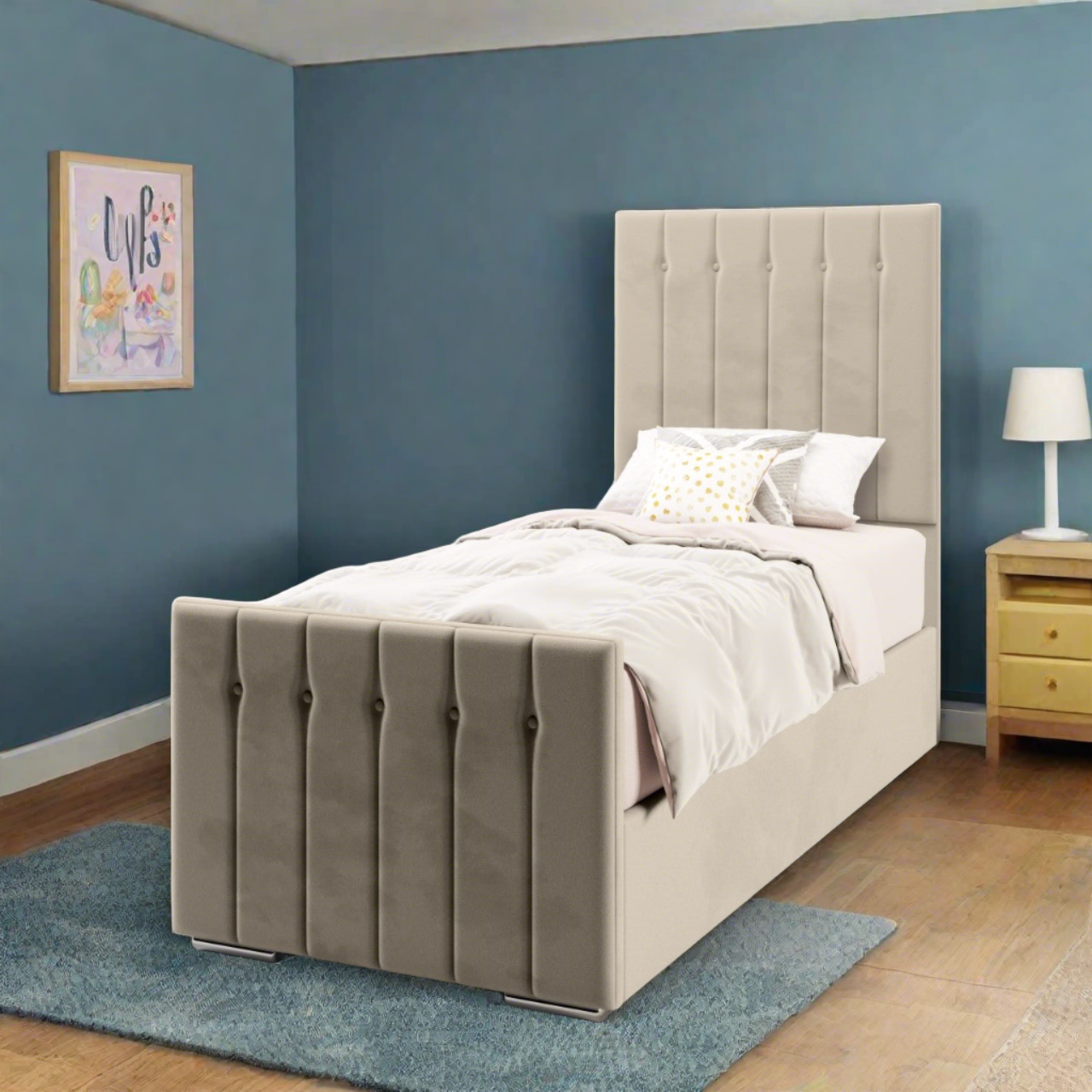 Vertical Panels Fabric Tall Headboard with Ottoman Storage Side Lift Bed & Footend