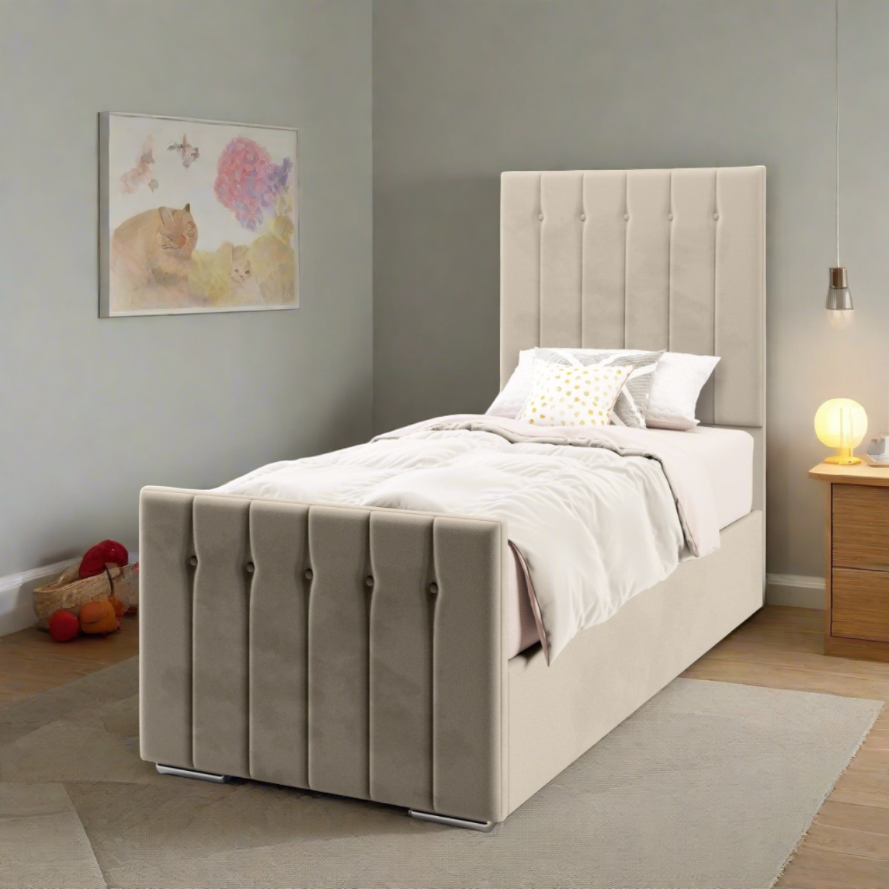 Vertical Panels Fabric Tall Headboard with Ottoman Storage Side Lift Bed & Footend