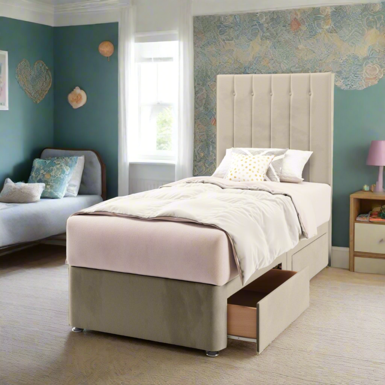 Vertical Panels Fabric Tall Headboard with Divan Bed Base & Mattress